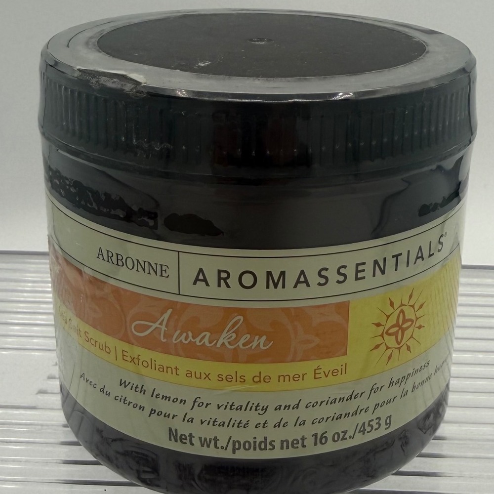 Arbonne Awaken Aromassentials Sea Salt Scrub 16 oz Lemon Coriander Exfoliant NEW